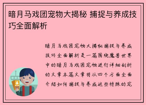 暗月马戏团宠物大揭秘 捕捉与养成技巧全面解析